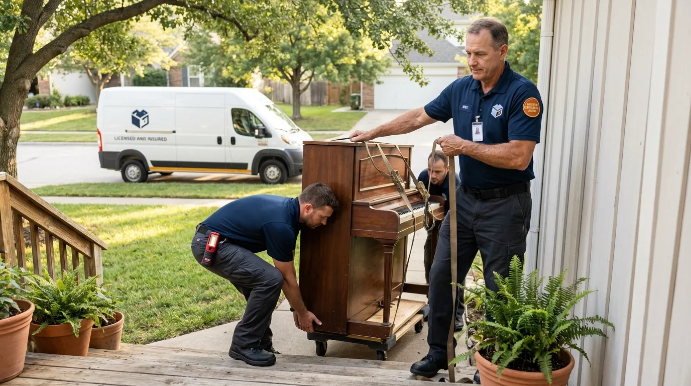 Licensed piano movers securing grand piano in Huntington Woods, MI