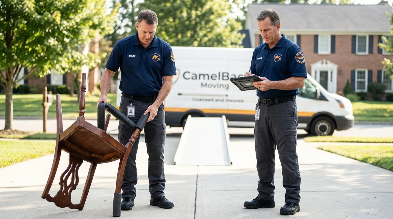 Movers inspecting furniture for damage prevention before loading in Huntington Woods, MI