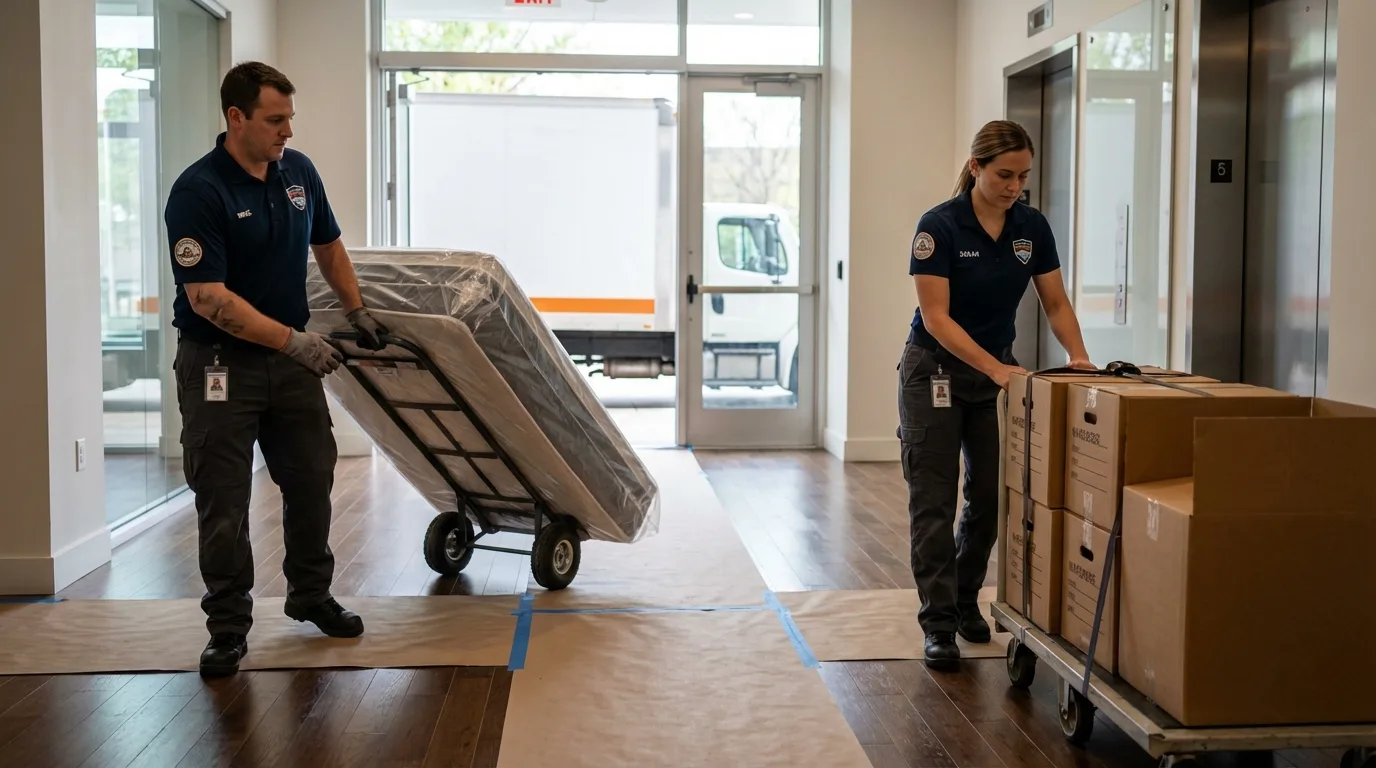 Professional apartment movers loading elevator in Huntington Woods, MI