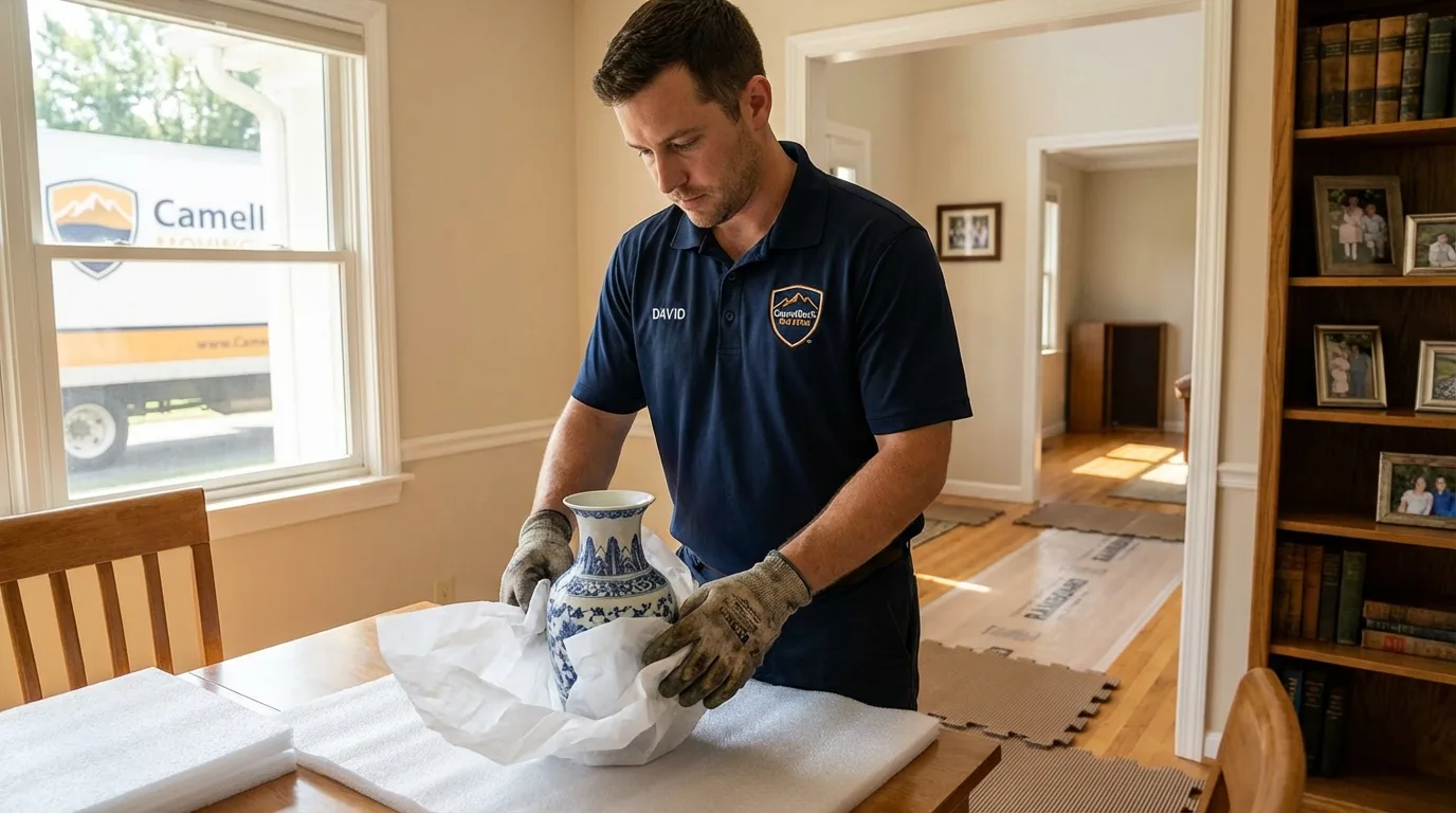 Professional crew carefully wrapping antique vase for senior downsizing move in Huntington Woods, MI