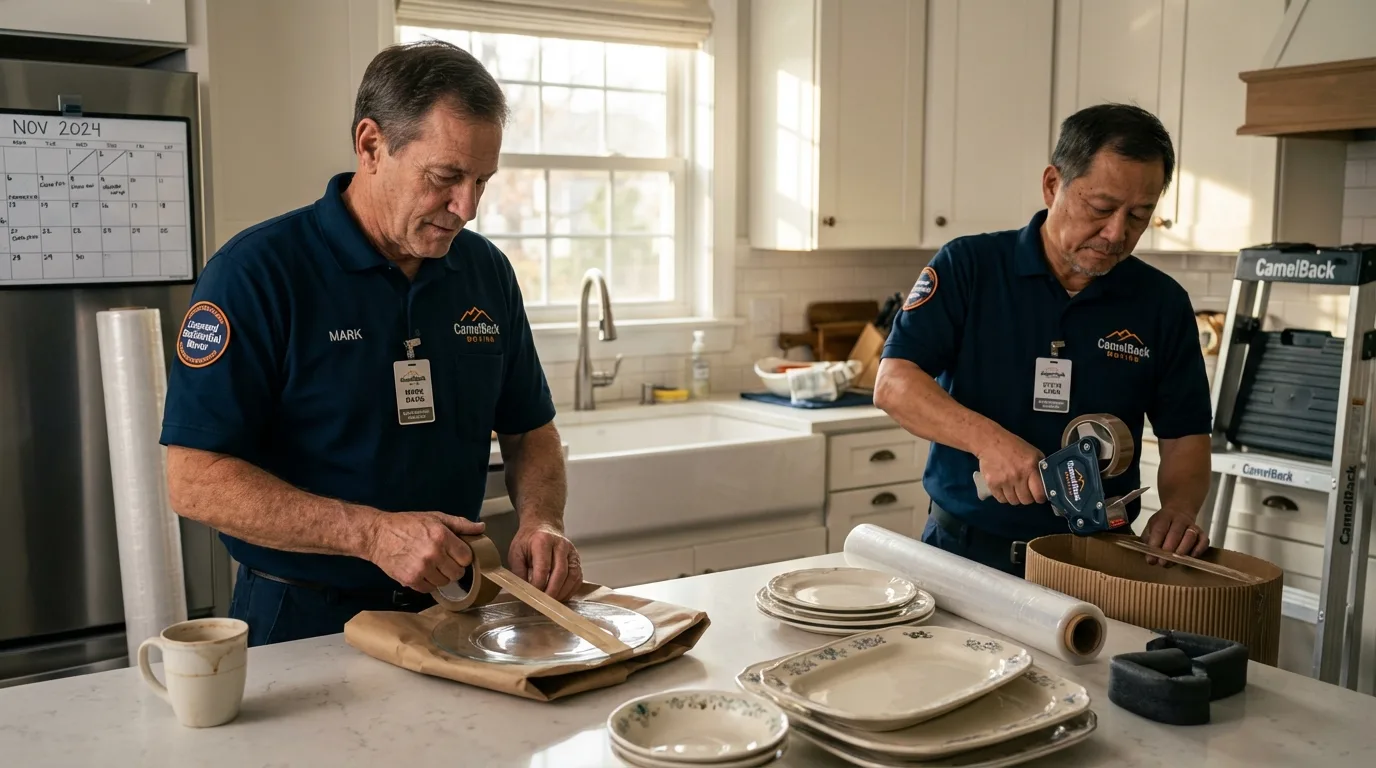 Professional crew packing kitchen dishware in Huntington Woods, MI